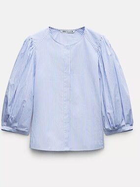 Zara Blouse Cotton Striped Puff Sleeve |Blue White | M